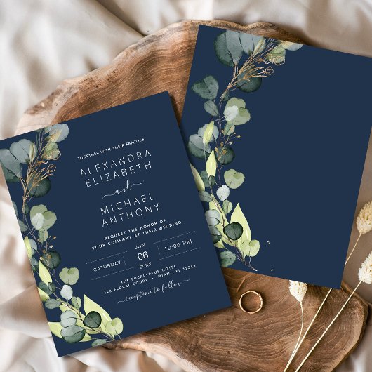 Budget Navy Blue Greenery Eucalyptus Wedding Flyer