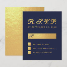 Budget Navy Blue Imitate Gold Script Wedding RSVP