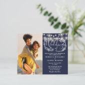 Budget Navy Blue Lights 2 Foto Hochzeit Einladung (Stehend Vorderseite)