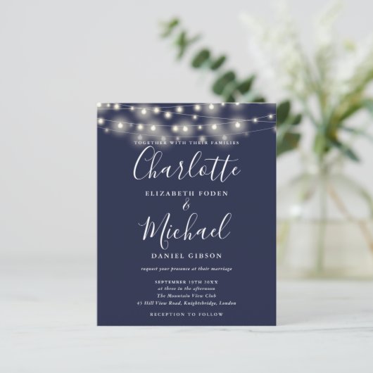 Budget Navy Blue Lights Foto Hochzeit Einladung (Stehend Vorderseite)