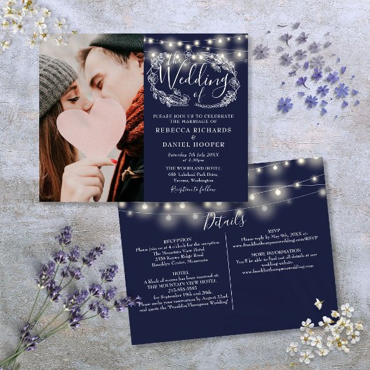 Budget Navy Blue Lights Foto Hochzeit Einladung