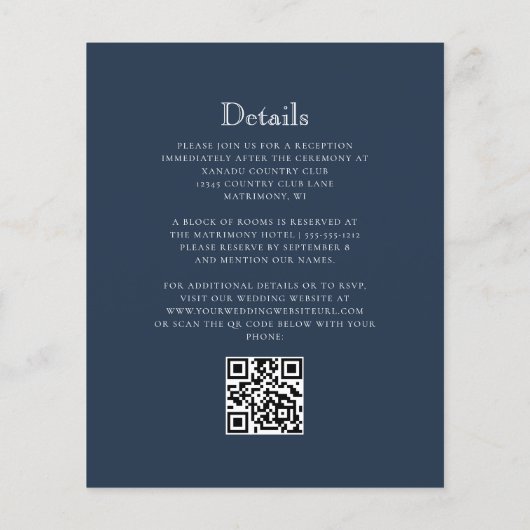 Budget Navy Blue Monogram Wappen QR Code Hochzeit (Rückseite)