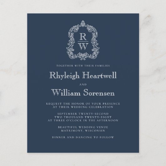 Budget Navy Blue Monogram Wappen QR Code Hochzeit (Vorderseite)