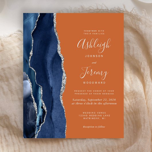 Budget Navy Blue Orange Hochzeitseinladung