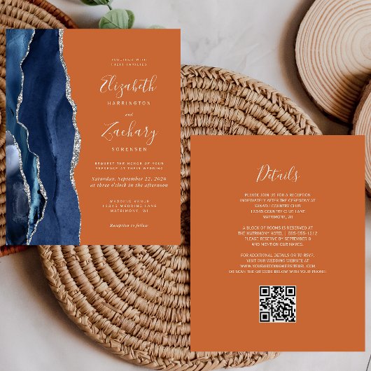 Budget Navy Blue Orange QR Code Hochzeit Einladung