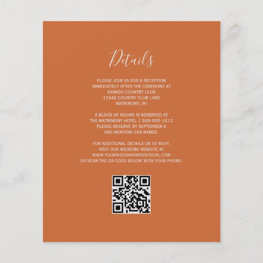 Budget Navy Blue Orange QR Code Hochzeit Einladung (Rückseite)