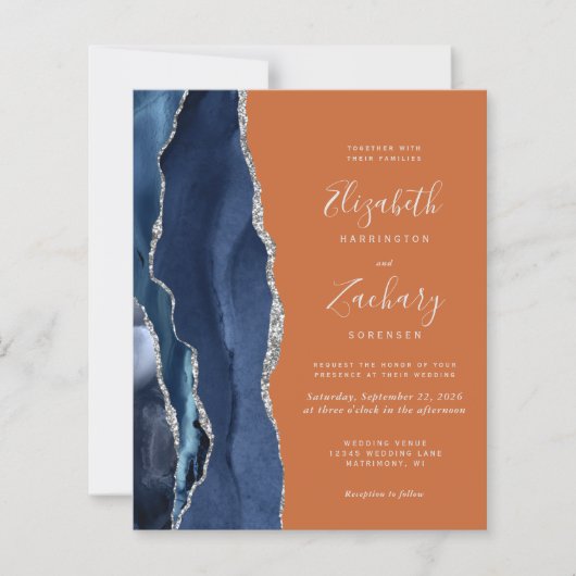 Budget Navy Blue Orange QR Code Hochzeit Einladung (Vorderseite)