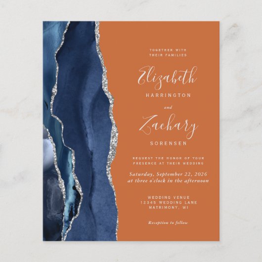 Budget Navy Blue Orange QR Code Hochzeit Einladung (Vorderseite)