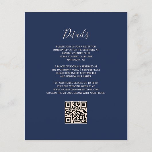 Budget Navy Blue Peach QR Code Hochzeit einladen (Rückseite)