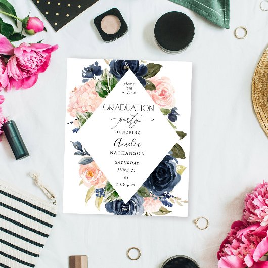 Budget Navy Blue & Pink Floral Graduation Party Flyer