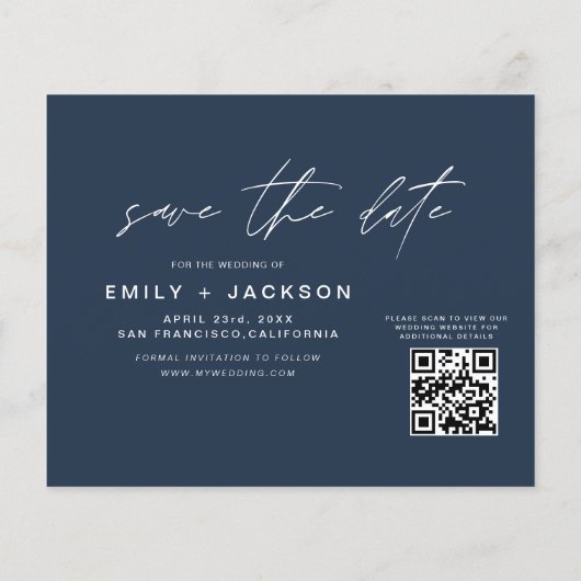 Budget Navy Blue QR Code - Save the Date 3 Foto Flyer (Hinten)