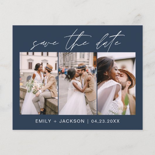 Budget Navy Blue QR Code - Save the Date 3 Foto Flyer (Vorne)