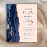 Budget Navy Blue Rose Gold Agate Blush Hochzeit<br><div class="desc">Die links Seite dieses eleganten,  modernen Hochzeitseinladens besticht durch eine marineblau-blaue Aquarellgrenze,  die mit Imitaten Rose Gold Glitzer bestickt ist. Der anpassbare Text kombiniert handgeschriebenes handgeschriebenes handgeschriebenes handgeschriebenes handgeschriebenes Holzkohle mit kopperplate und kursivem Schriftart auf einem Hintergrund. Auf der Rückseite ist ein passendes marineblau-blaues und goldfarbenes Dekor mit Rose.</div>