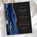 Budget Navy Blue Rose Gold Agate Dark Wedding<br><div class="desc">Die links Seite dieses eleganten,  modernen Hochzeitseinladens besticht durch eine marineblau-blaue Aquarellgrenze,  die mit Imitaten Rose Gold Glitzer bestickt ist. Der individuell anpassbare Text kombiniert Handschrift,  Copperplate und kursiv auf dunkelkohlegrauem Hintergrund. Auf der Rückseite ist ein passendes marineblau-blaues und goldfarbenes Dekor mit Rose.</div>
