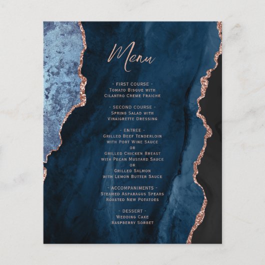 Budget Navy Blue Rose Gold Agate Wedding Menu (Vorderseite)