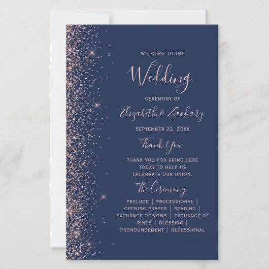 Budget Navy Blue Rose Gold Glitter Wedding Program (Vorderseite)