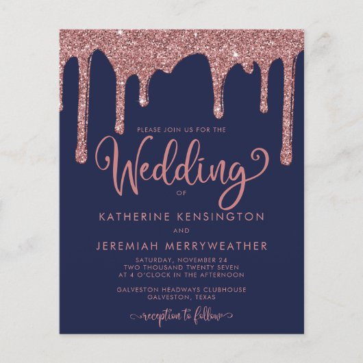 BUDGET Navy Blue Rose Gold Glitzer Hochzeit (Vorderseite)