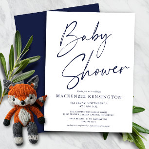 Budget Navy Blue Script Boy Baby Shower Einladung