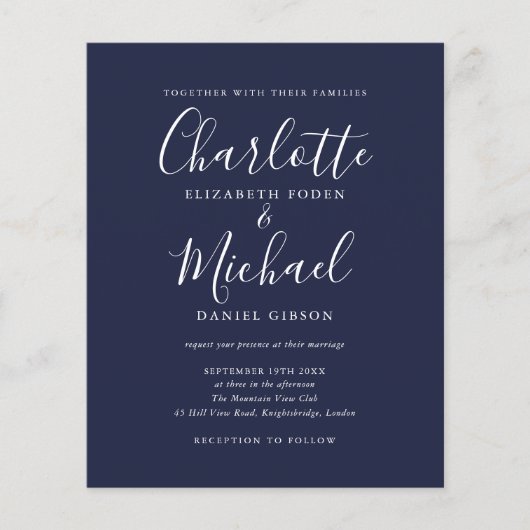 Budget Navy Blue Script Einladung (Vorderseite)