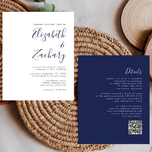 Budget Navy Blue Script QR Code Hochzeit Einladung