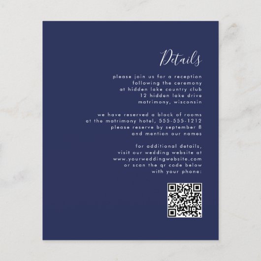 Budget Navy Blue Script QR Code Hochzeit Einladung (Rückseite)
