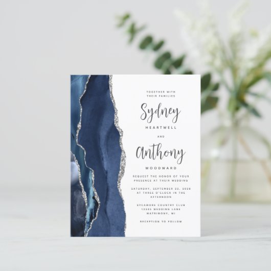 Budget Navy Blue Silver Agate Calligraphy Wedding (Stehend Vorderseite)