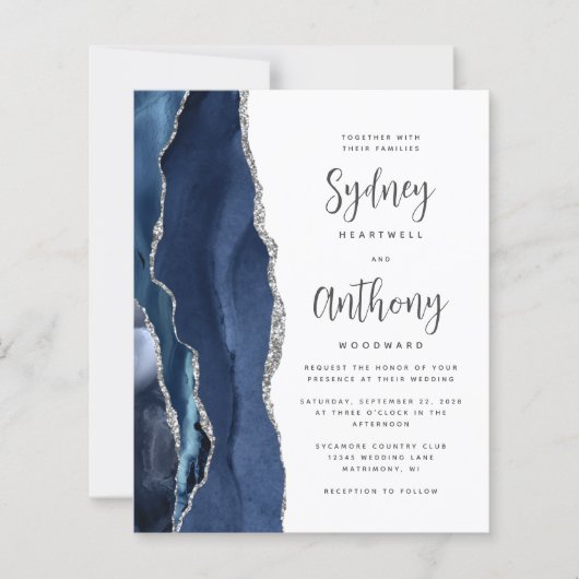 Budget Navy Blue Silver Agate Calligraphy Wedding (Vorderseite)