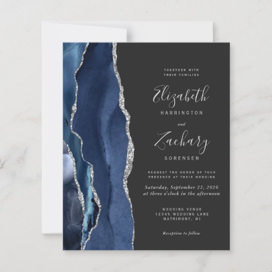 Budget Navy Blue Silver Agate Dark QR Code Hochzei (Vorderseite)