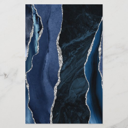 Budget Navy Blue Silver Agate Dark Wedding Menü (Rückseite)