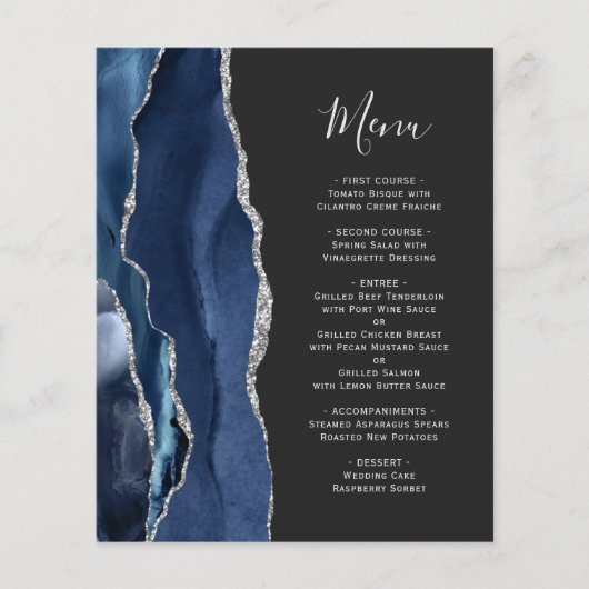 Budget Navy Blue Silver Agate Dark Wedding Menü (Vorderseite)