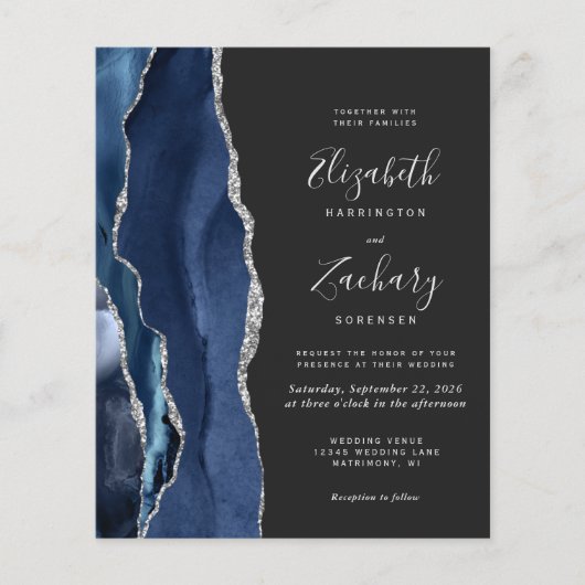 Budget Navy Blue Silver Agate Hochzeitseinladung (Vorderseite)