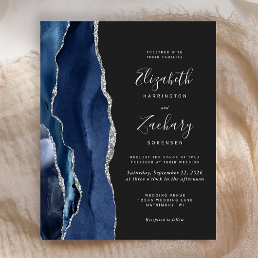 Budget Navy Blue Silver Agate Hochzeitseinladung