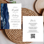 Budget Navy Blue Silver Agate QR Code Hochzeit<br><div class="desc">Der links Rand dieser eleganten, modernen Hochzeitseinladung besticht durch eine marineblau-blaue Aquarellgrenze, die mit Imitaten aus silberem Glitzer bestickt ist. Der anpassbare Text kombiniert Handschrift, Copperplate und kursiv Schriftart in Holzkohlegrau auf weißem Hintergrund. Fügen Sie zusätzliche Details auf der Rückseite, zusammen mit einem QR-Code, um Ihren Gästen zu helfen, besuchen...</div>