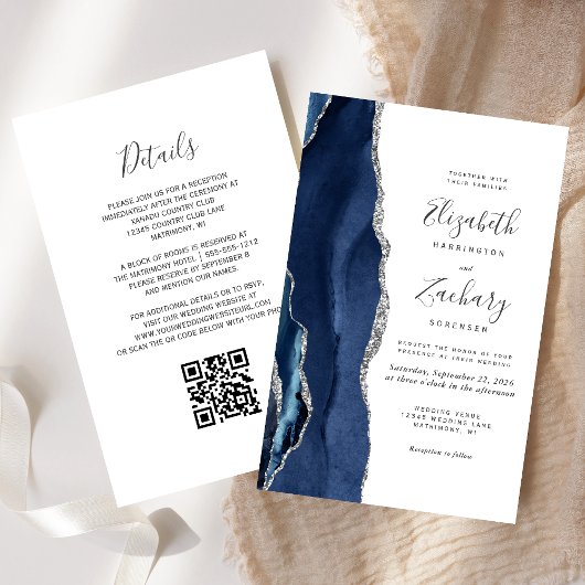 Budget Navy Blue Silver Agate QR Code Hochzeit