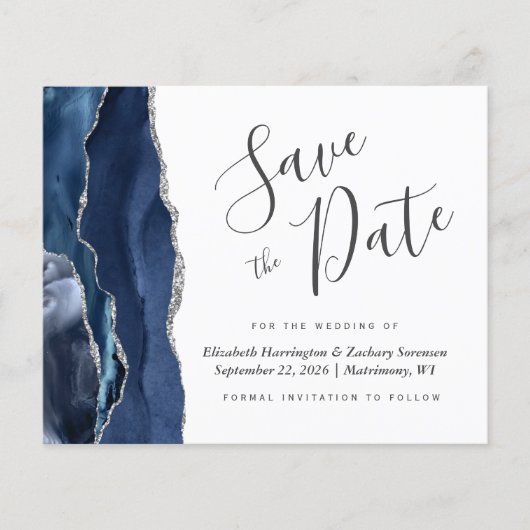 Budget Navy Blue Silver Agate Save the Date (Vorderseite)