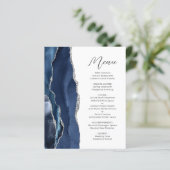 Budget Navy Blue Silver Agate Script Wedding Menü (Stehend Vorderseite)