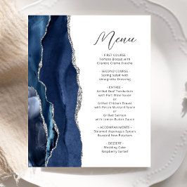 Budget Navy Blue Silver Agate Script Wedding Menü