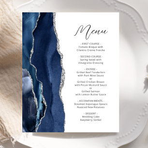 Budget Navy Blue Silver Agate Script Wedding Menü