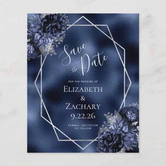 Budget Navy Blue Silver Floral Save the Date (Vorderseite)