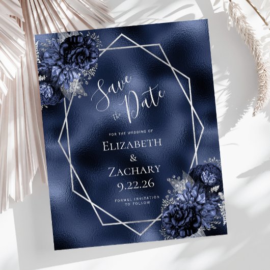 Budget Navy Blue Silver Floral Save the Date