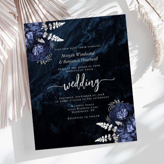 Budget Navy Blue Silver Floral Wedite Einladung