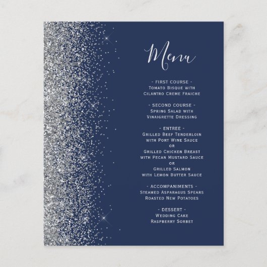 Budget Navy Blue Silver Glitzer Edge Wedding Menu (Vorderseite)