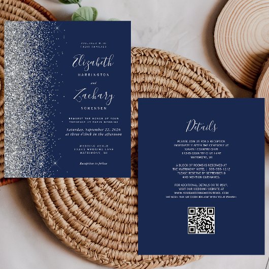 Budget Navy Blue Silver Glitzer QR Code Hochzeit