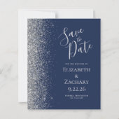 Budget Navy Blue Silver Glitzer Save the Date (Vorderseite)