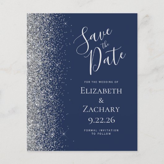 Budget Navy Blue Silver Glitzer Save the Date (Vorderseite)
