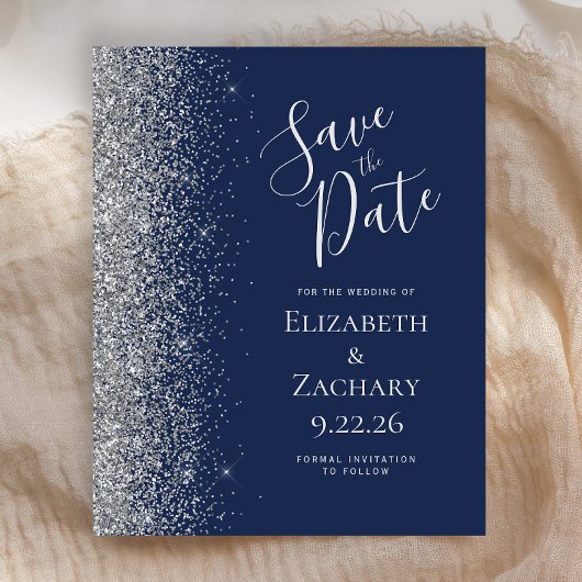 Budget Navy Blue Silver Glitzer Save the Date