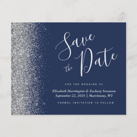 Budget Navy Blue Silver Wedding Save the Date (Vorderseite)