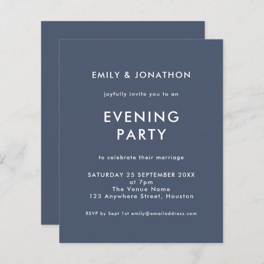 Budget Navy Blue Wedding Abend Party Einladung (Vorne/Hinten)