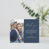 Budget Navy Blue Wedding Foto Danke Karte (Stehend Vorderseite)