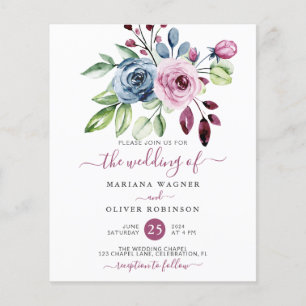 Budget Navy Blue Wine Floral Wedding Einladung Flyer